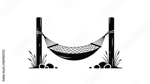 A simple black and white illustration of a hanging hammock between two posts