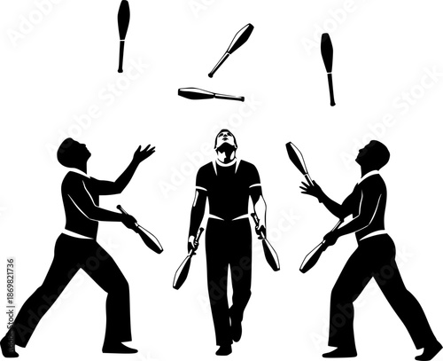 silhouette figures, juggling clubs, circus performers, black and white illustration, contrasting shapes, dynamic poses, symmetrical composition, vector art style, minimalist design, performance ar