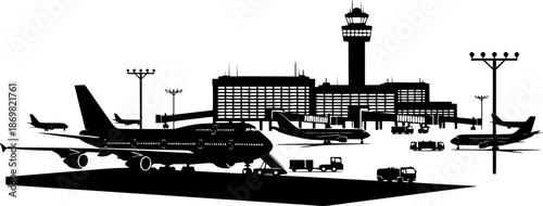 Airport with plane and facilities silhouette vector, transportation concept illustration for background.
