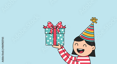 Happy girl wearing a striped shirt and a colorful party hat holding up a polka dot gift box with a red bow.