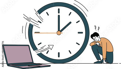 Stressed businessman with large clock and laptop