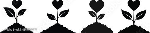 Black sapling silhouette forming heart shaped leaves symbolizing love nature growth eco concept illustration design