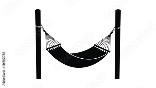 A simple black and white illustration of a hanging hammock between two posts