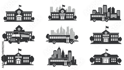 Black and white illustrations depicting buildings buses and cityscapes