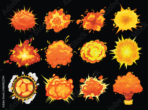 Cartoon Explosions Bursting in Fiery Orange Shapes.