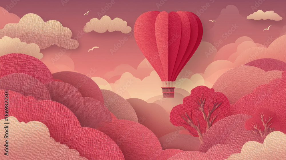 Fototapeta premium Soft pink clouds and trees surround red hot air balloon floating in sky creating dreamy and peaceful atmosphere with gentle light and texture