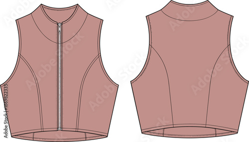 Sleeveless cropped vest, technical flat sketch, fashion design, high neckline, zipper front, princess seams, fitted silhouette, garment illustration, rose top