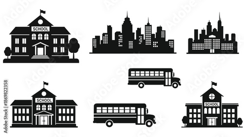 Black and white illustration depicting school buildings buses and a city skyline