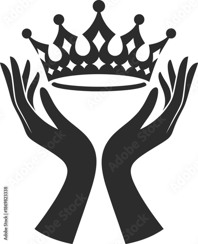 Royal Crown in Hand Vector Illustration Black and White Symbol.