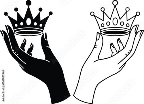 Royal Crown in Hand Vector Illustration Black and White Symbol.
