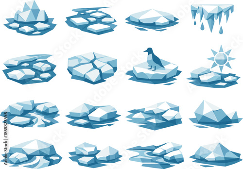 Icy River Icon Set. Spring ice drift and melting river illustrated as a cohesive low-poly vector icon set built from angular