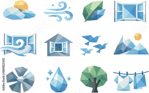 Low-Poly Window Icons. Fresh air and opening windows illustrated as a cohesive low-poly vector icon set built from angular