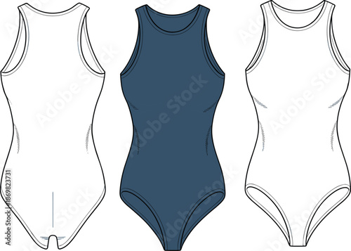 Swimsuit fashion design, technical flat sketch, vector illustration, one piece swimwear, high neck, racerback, front and back view, CAD drawing