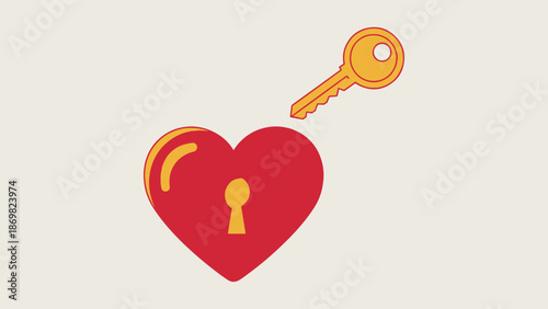 Metaphorical Illustration of a Golden Key Unlocking a Red Heart-Shaped Padlock on Light Background
