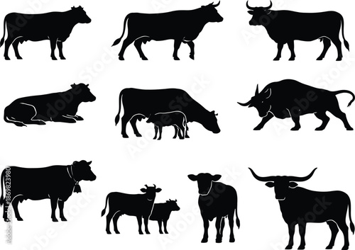 Collection of diverse cattle and bovine silhouettes showing various poses including standing grazing lying down and parent animals with their calves offering versatile farm animal graphics for design 