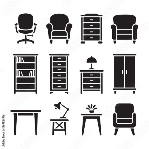 Furniture icons featuring chair, chest of drawers, bookshelf, cupboard and bedside table in line style for interior design and home decor