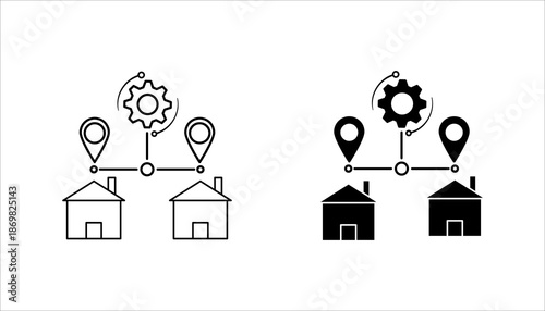Line icon illustration showing houses connected by location pins and a gear, symbolizing logistics, distribution network, delivery system, and supply chain management.