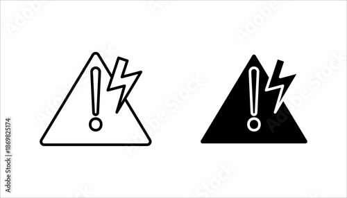 Warning hazard triangle icon with exclamation mark and lightning bolt in outline style. Represents danger, caution, electrical hazard, and safety alert concepts.