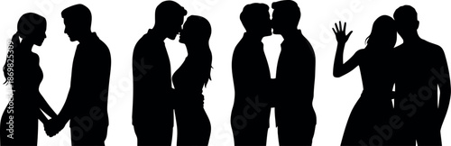 A collection of black silhouette couples in various romantic poses isolated on a white background representing relationships and affection