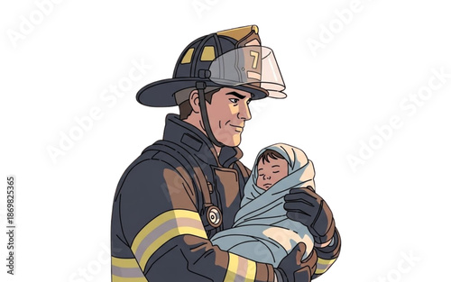 Hero Firefighter Holding Baby American Flag Illustration