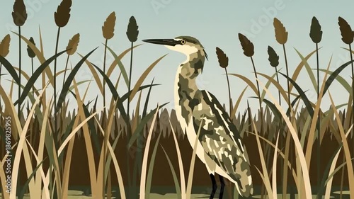 Great Blue Heron Standing Among Cattails Stock Footage Wildlife Background Animation