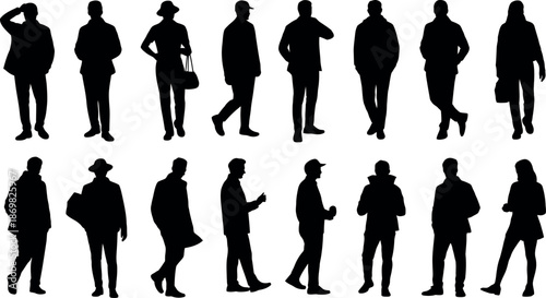 Collection of diverse male and female human figures depicted as black silhouettes against a clear white backdrop showcasing various stances and clothing styles