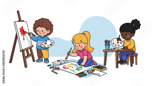 Children engaged in creative art class painting and drawing.