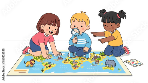 Children exploring a world map with magnifying glass and toy animals.