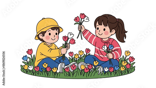 Children picking tulips in a garden.