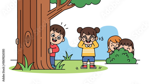 Children playing hide and seek outdoors.