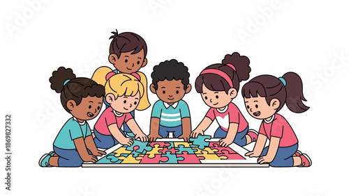 Diverse group of happy children playing a colorful jigsaw puzzle together on the floor.