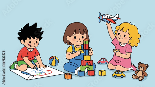 Happy children playing with toys in a bright room.