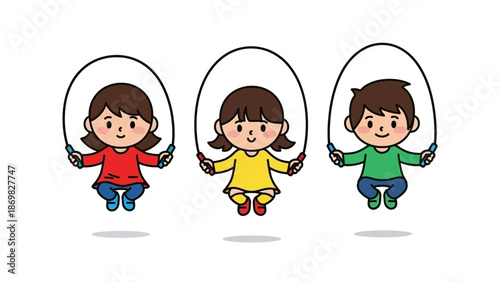 Three happy children jumping rope together outdoors.