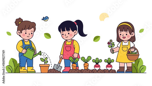 Three happy children gardening together, watering plants, digging soil, and harvesting vegetables in a vibrant garden.