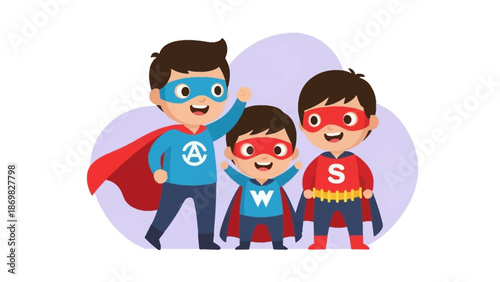 Three young boys dressed as superheroes with capes and masks.