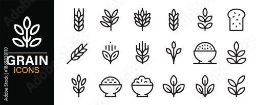 Grain harvest and cereal crop icon collection in minimal style