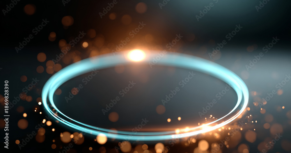 Obraz premium Glowing blue circular light ring with bright orange bokeh particles on dark background, futuristic and abstract digital composition