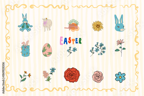 Easter spring nature elements set with rabbits and flowers for greeting cards