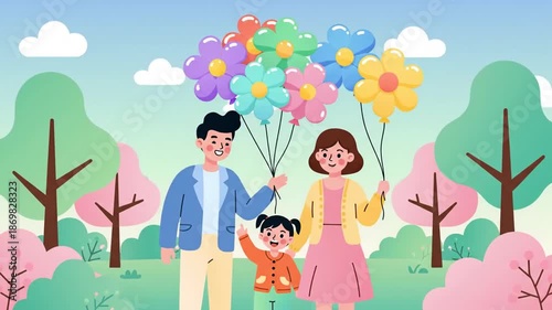 Happy Family Enjoying A Day In The Park Holding Flower Balloons And Creating Cherished Memories