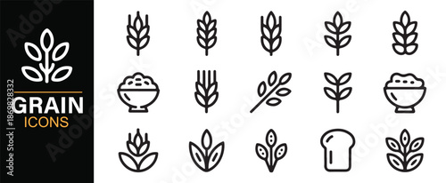 Grain crop and bakery ingredient icon set for food packaging