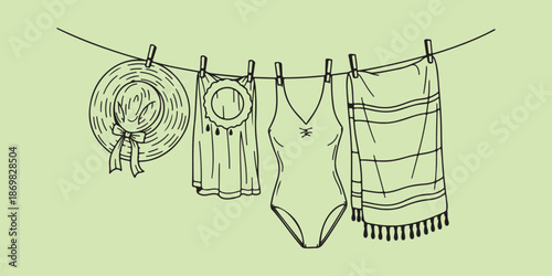 Baby boy clothing including a small dress and cotton socks hang on a rope clothesline with wooden clothespins to dry against a clear blue sky