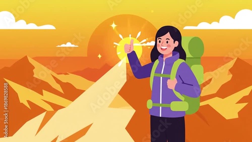 Happy Hiker Reaching Mountain Top On Adventure Travel Journey With Thumbs Up
