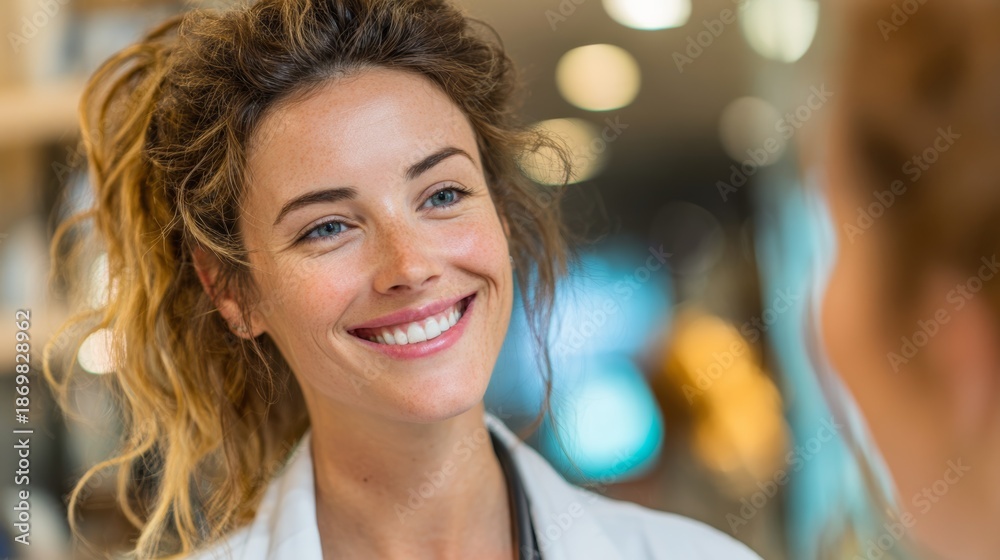 Obraz premium Smiling woman interacts with another person in a clinic setting during daytime hours