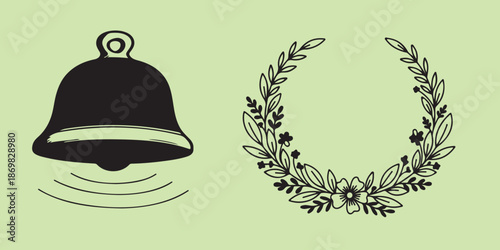 Vintage vector illustration of a Christmas bell decoration featuring a silhouette design element perfect for a restaurant menu or festive kitchen catering card
