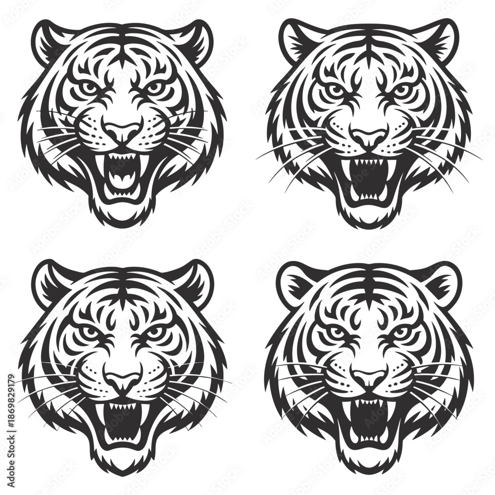 Fototapeta premium Fierce tiger head set, roaring with open mouth and sharp teeth, aggressive and powerful, tribal tattoo style.