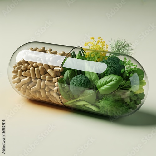 Healthy Nutrition Concept Capsule with Supplements and Vegetables