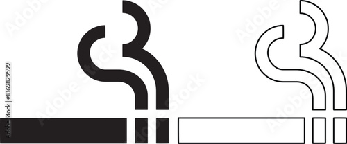 Smoking cigarette icon vector set featuring black silhouette and linear outline symbols with rising smoke representing tobacco use, nicotine addiction and designated smoking area signs.