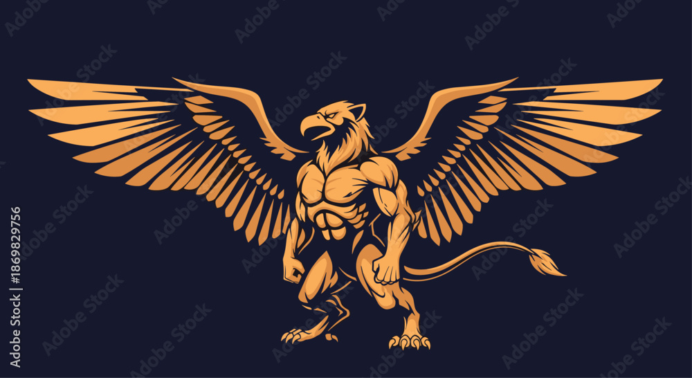 Fototapeta premium A powerful golden griffin with the body of a lion and the head and wings of an eagle stands on a dark background.
