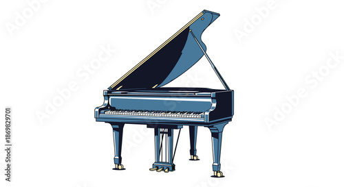 An elegant blue grand piano with its top lid open to reveal the strings is illustrated in a classic style on a white background.