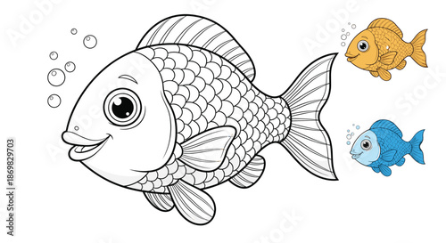 A children's coloring page featuring a large smiling fish with detailed scales and bubbles with small gold and blue examples.
